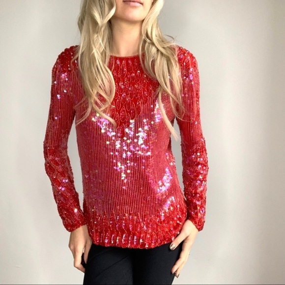 Vintage Red Sequin & Beaded Long Sleeve Top Small - Picture 2 of 8